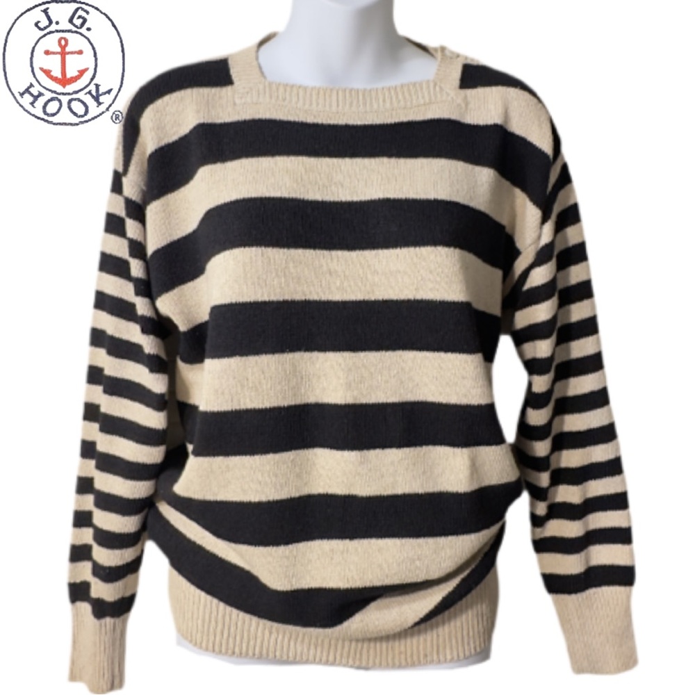 J.G. Hook Black and Cream Striped Crewneck Sweater